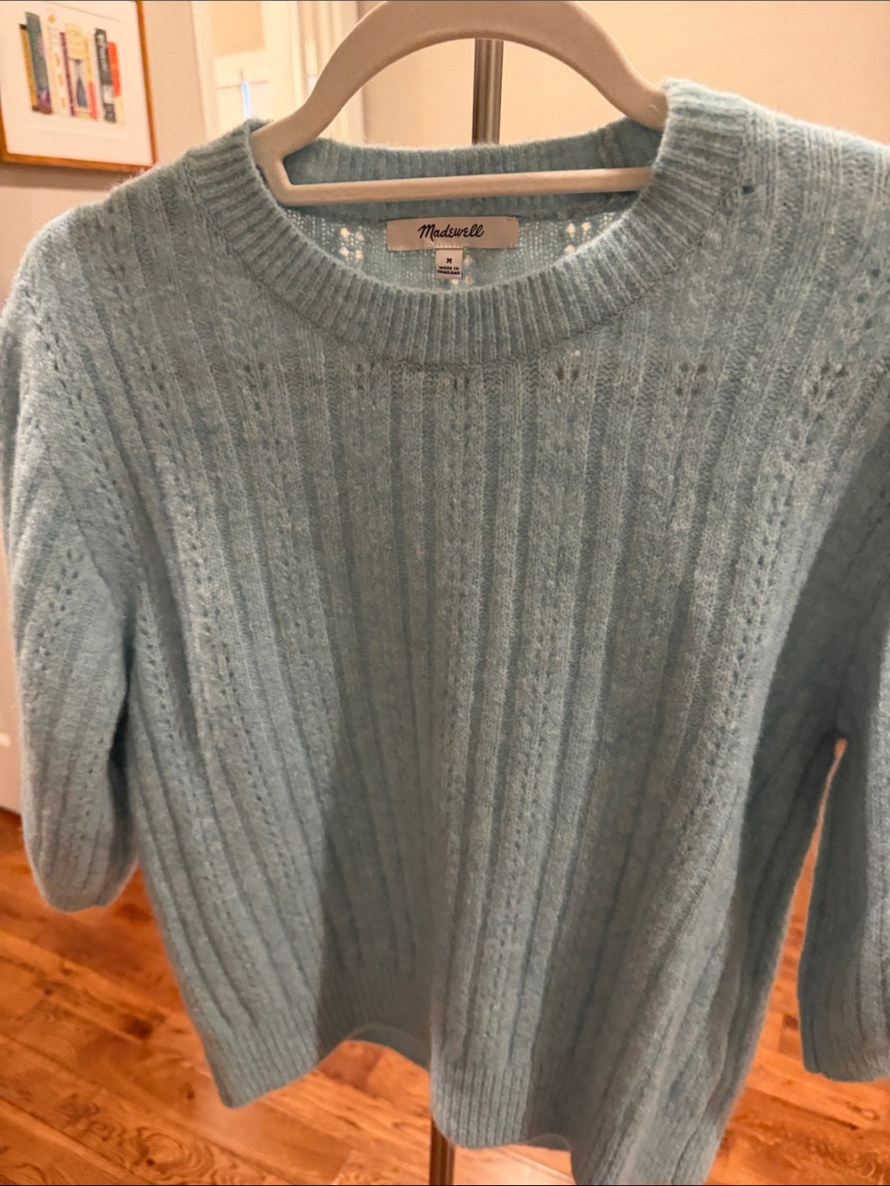 Madewell Light Blue Ribbed Cable-Knit Crewneck Sweater